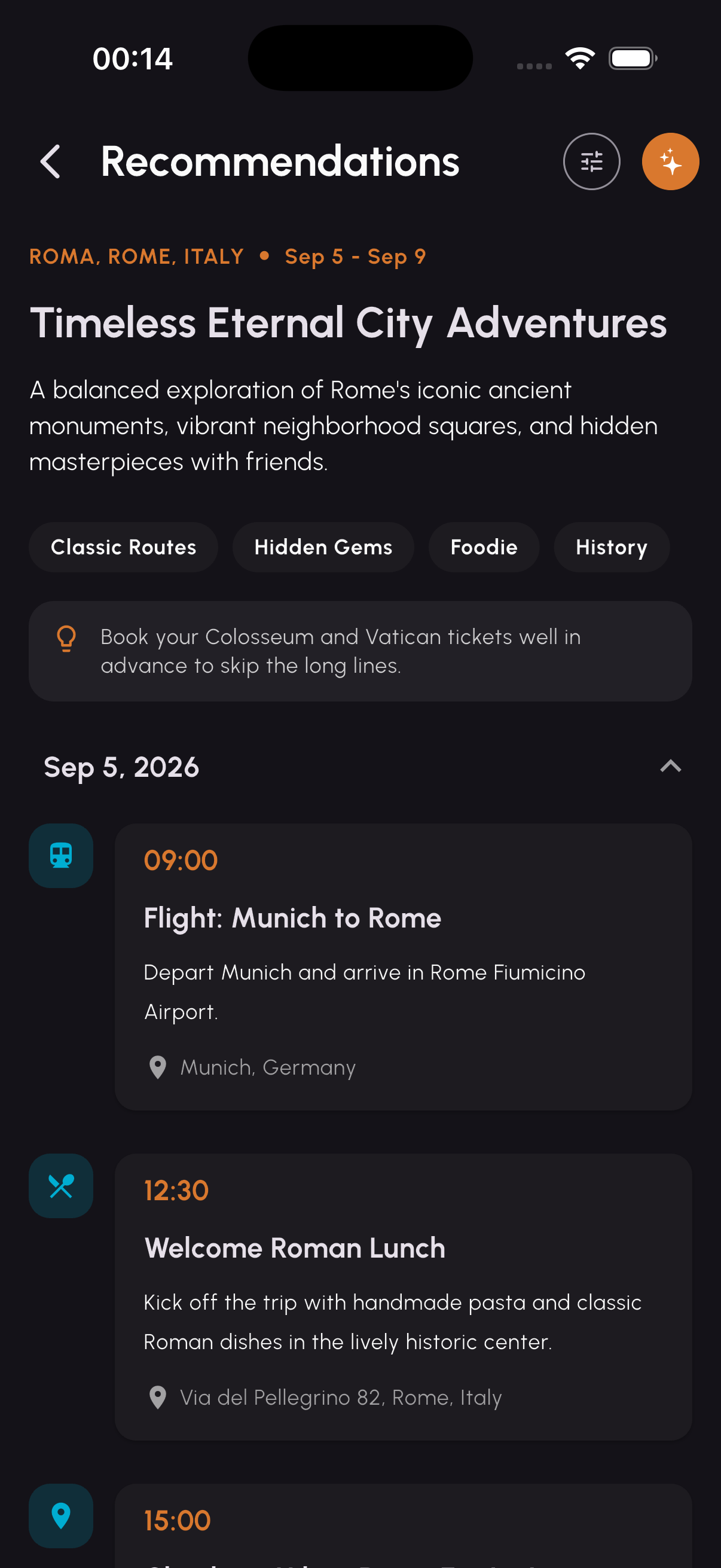 AI trip recommendations screen with a day-by-day itinerary