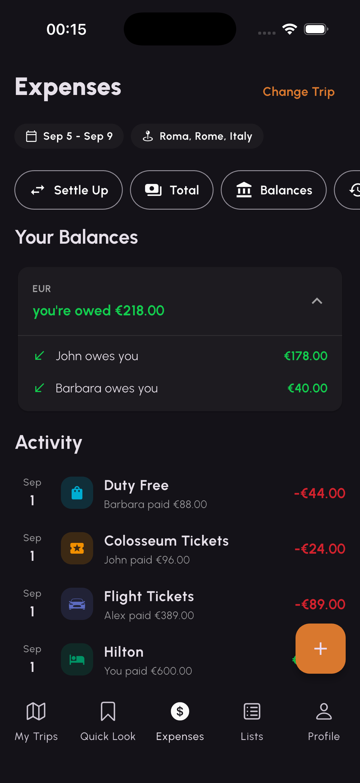 Expenses screen showing balances and recent activity