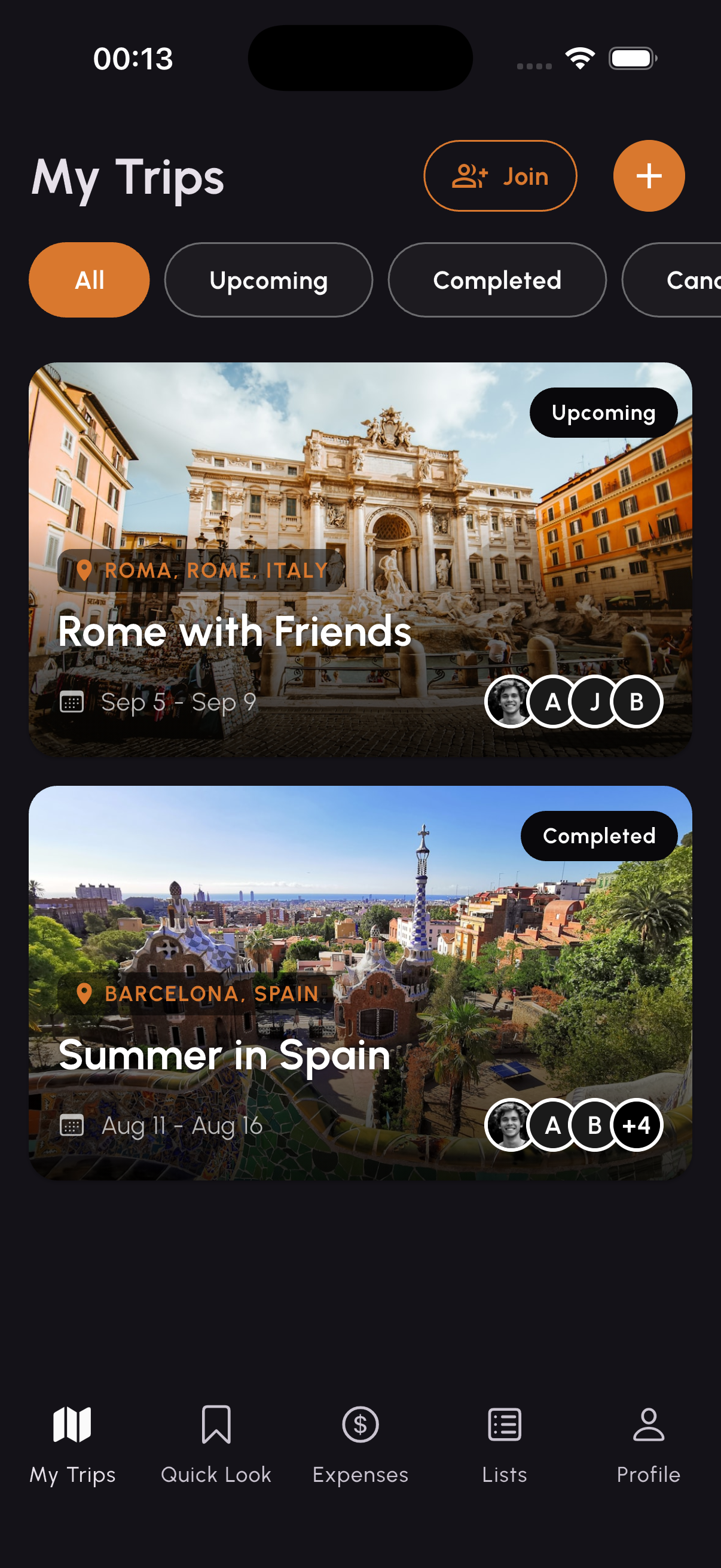 My Trips screen showing trip cards for Rome and Barcelona