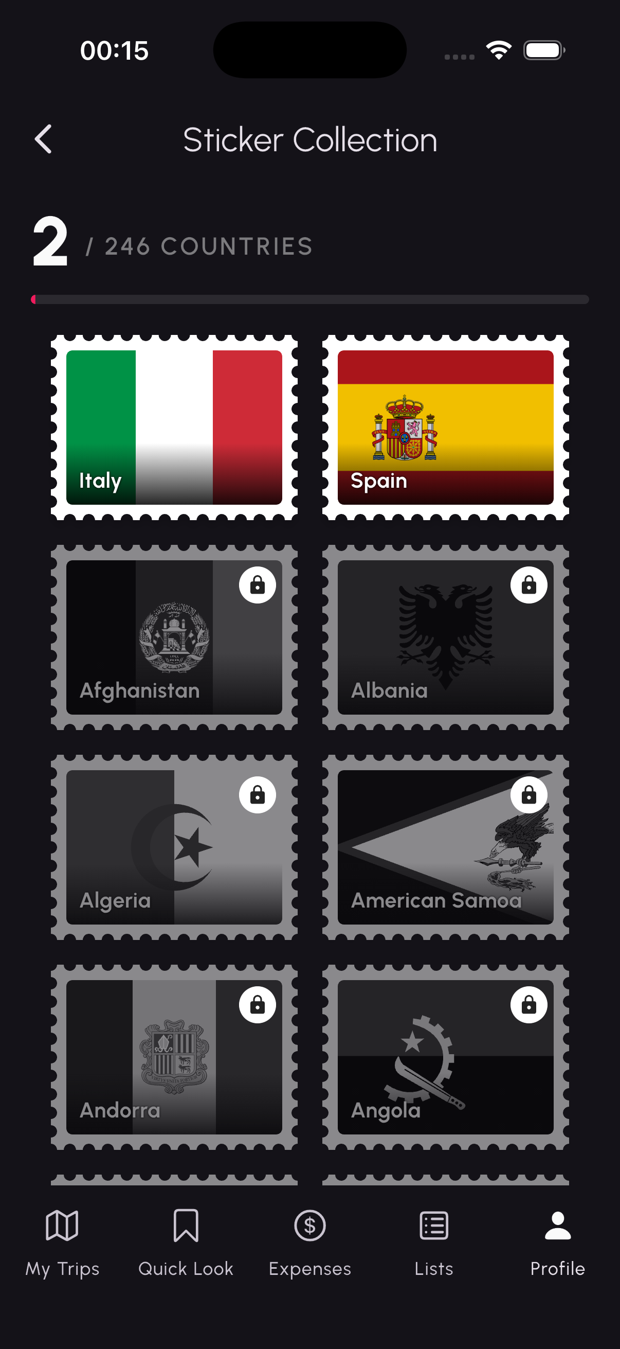 Sticker Collection screen with unlocked country stamps